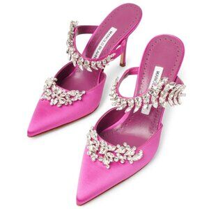 Manolo Blahnik Pink Satin Lurum Jewel Crystal Leaf Mules Pumps 39.5 New